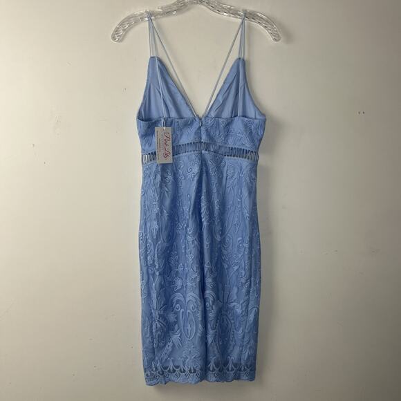 Pink Lily Embroidered Sheath Pencil Dress Medium Mesh Blue V Neck Strappy - Picture 2 of 14